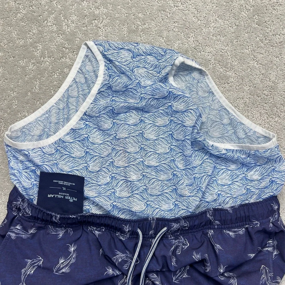 Peter Millar Seaside Board Shorts Mens XL Blue Koi Fish Print Lined Beachwear